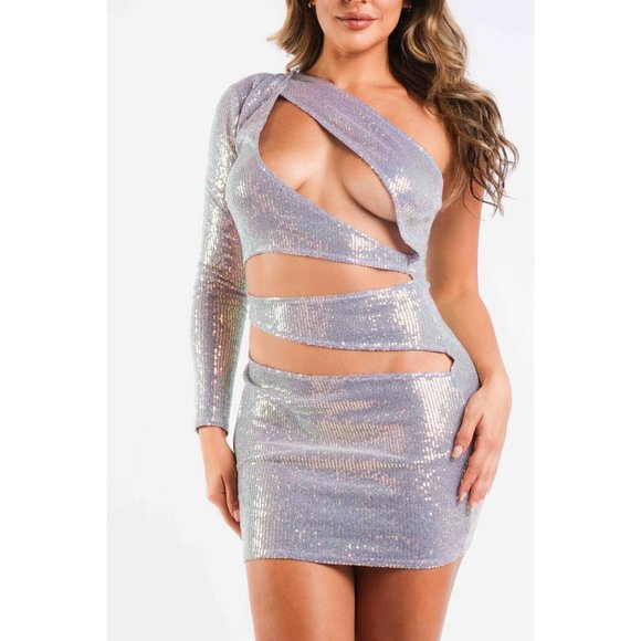 Women's Sexy One Shoulder Sequin Cut Out Bodycon Mini Dress Clubwear Party Night - Picture 10 of 13